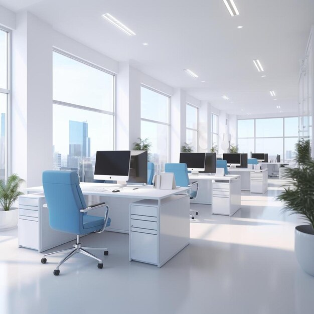 Modern office space with computers and plants