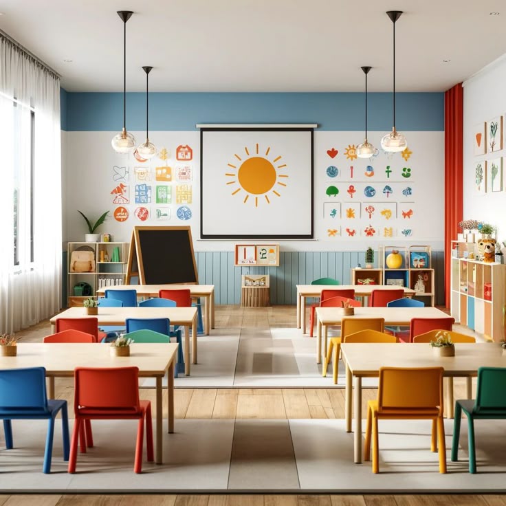 Classroom with tables and chalkboard